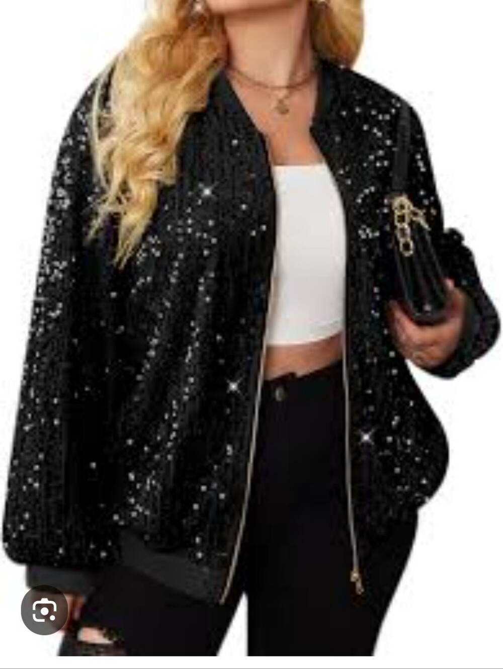 VILA Black Sequin Bomber Jacket with Ribbed Trim